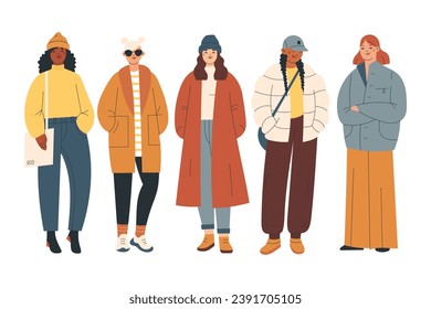 Group of modern women wearing trendy winter clothes. Casual city street fashion outfits. People characters flat vector illustration.