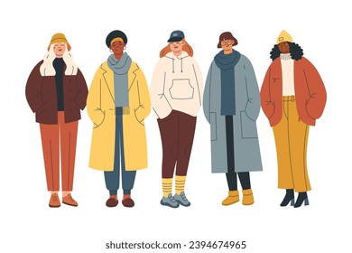 Group of modern women wearing trendy winter clothes. Casual city street fashion outfits. Hand drawn characters colorful vector illustration