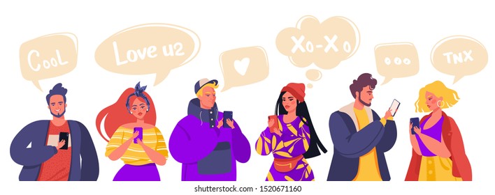 Group of modern young people, students, pupils or millennials chatting. Social networking, media, virtual relationships concept. Flat cartoon characters chatting via internet using smartphone. 