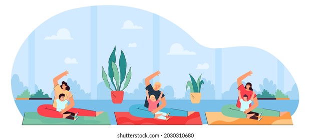 Group of moms with babies doing yoga exercises. Mothers and children exercising on yoga mats flat vector illustration. Family, healthy lifestyle, sports concept for website design or landing web page