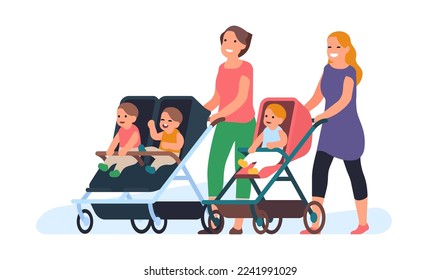 Group of moms with babies in strollers. Happy people walking outdoor with little children. Women pushing prams. Toddlers in buggies. Friends meeting in park. Vector