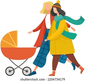 Group of moms communicate and ride babies in prams. Walk with children. Female friendship, two women walk down street with stroller and talk. Community of young mothers, motherhood and maternity