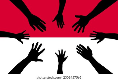 Group of Monaco people gathering hands vector silhouette, unity or support idea, hand gathering silhouette on Monaco flag, teamwork and togetherness concept, union of society