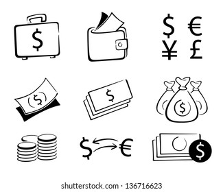 Group of money and currency in simple line art vector illustration