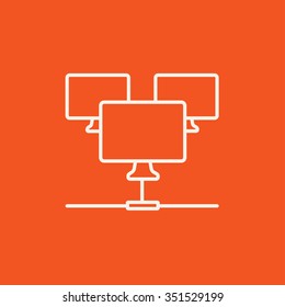 Grupo de monitores vinculados en un icono jerárquico de línea de red para web, móviles e infografías. Icono blanco vector aislado en fondo rojo.