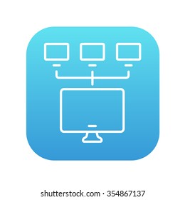 Group of monitors linked in a hierarchical network line icon for web, mobile and infographics. Vector white icon on the blue gradient square with rounded corners isolated on white background.