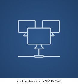 Group of monitors linked in a hierarchical network line icon for web, mobile and infographics. Vector light blue icon isolated on blue background.