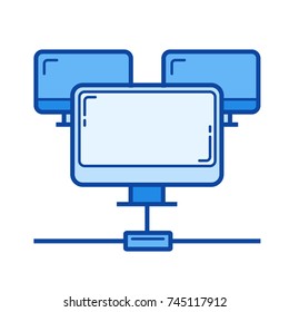 Gruppe von Monitoren in einem hierarchischen Netzwerk-Symbol einzeln auf weißem Hintergrund verbunden. Computer-Netzwerk-Linie Symbol für Infografik, Website oder App. Blaues Symbol für ein Gittersystem.