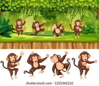 Group of monkey in forest illustration