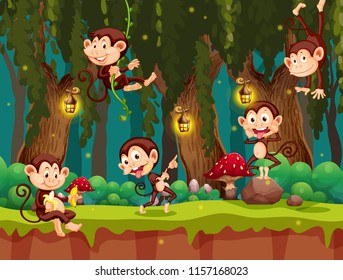 A group of monkey in jungle illustration