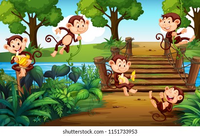 A group of monkey  at the park illustration