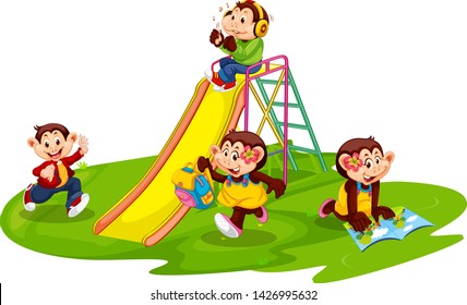 Group of monkey student at playground illustration