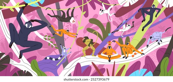 Group of monkeys plays in rainforest. Exotic primates of jungle have fun on palms. Different funny lemurs, marmosets, gibbons hanging on lianas, relax on tropical trees. Flat vector illustration