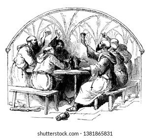 A group of monks sit on chairs & talking with each other's. They are drinking something in a pot. They has wearing gown, vintage line drawing or engraving illustration.