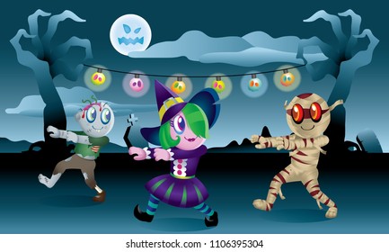 A group of monsters playing together in Halloween night.