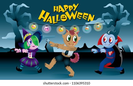 A group of monsters playing together in Halloween night.