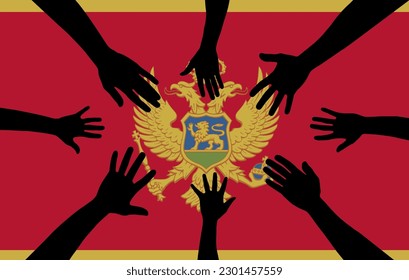 Group of Montenegro people gathering hands vector silhouette, unity or support idea, hand gathering silhouette on Montenegro flag, teamwork and togetherness concept, union of society