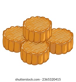 a group of mooncakes, traditional Chinese food and snack for mid Autumn festival on white background. Authentic Asian food vector illustration drawing.Original flavour moon cake.Full moon festival,