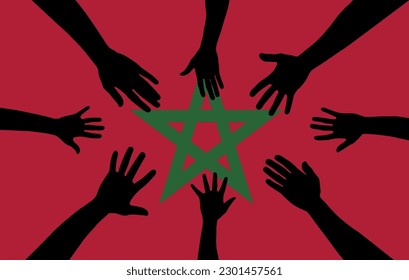 Group of Morocco people gathering hands vector silhouette, unity or support idea, hand gathering silhouette on Morocco flag, teamwork and togetherness concept, union of society
