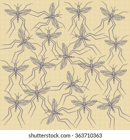 group of mosquitoes on beige grid background 