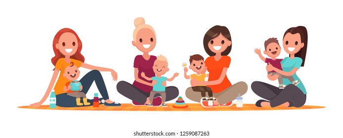 Group of mothers with babies. Club of young mothers. Mommies are sitting with children. Vector illustration in flat style