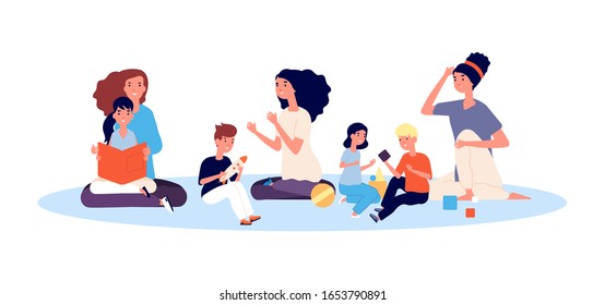 Group Of Mothers. Smiling People Hug Child, Moms And Kids. Happy Beautiful Women Playing And Reading With Children. Motherhood Or Nanny Vector Illustration