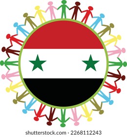Gruppe mehrfarbiger Menschen, die Händchen halten und einen großen Kreis um die Flagge Syriens bilden, um Fürsorge zu bekunden und Unterstützung für dieses Land zu leisten