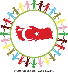 Group of multi colored people holding hands and forming a big circle around map of Turkey with national flag to express care and give support for this country