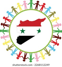 Group of multi colored people holding hands and forming a big circle around map of Syria with national flag to express care and give support for this country