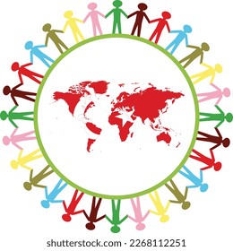 Group of multi colored people holding hands and forming a big circle around World map in colors of Turkey national flag to express care and give support for this country