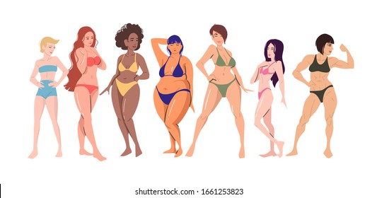 Group of multi cultural young happy women in underwear. Body positive movement and beauty diversity. 