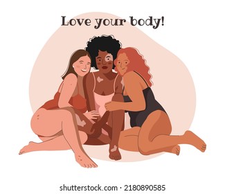Group of multi cultural young happy Women in Swimsuits or Underwear. Body Positive movement and beauty Diversity. Love your Body or Body Positive concept. Flat vector illustration.