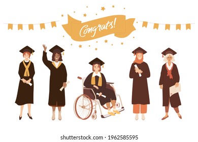 Group of multi ethnic and disabled graduate students. Happy diverse people holding certificates. Afro american, muslim, asian, girl in wheelchair. Congrats hand written text and flags garland decor