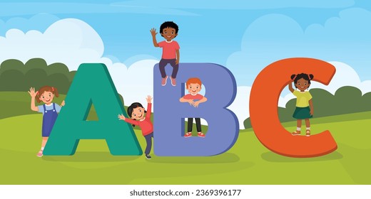 Group of multi ethnic kids playing with big ABC alphabet letters in the park