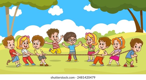 Group of multi ethnic kids pulling rope playing tug of war game in the park