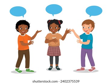 Group of multi ethnic kids talking each other with speech bubble