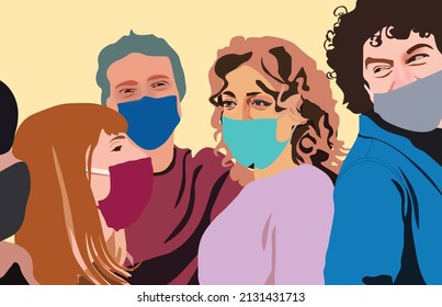 group of multi ethnic people wearing face mask to fight corona virus