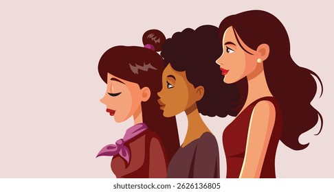 
Group of Multi Ethnic Women from Side View Vector Illustration. Girls united by the same goals together in sisterhood 
