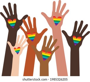 Group Of Multi Racial Hands With Pride Hearts