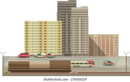 Group of multi storey buildings on a white background next to the road