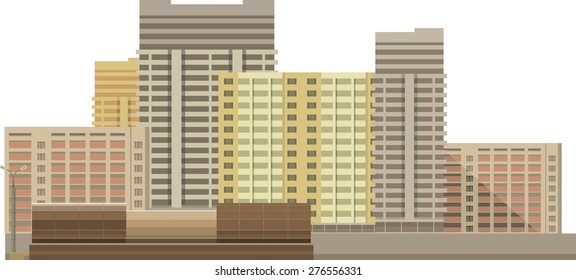 Group of multi storey buildings on a white background next to the road