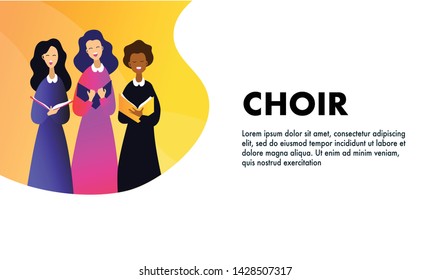 Group of multicolor people singing. Choir, classical music, christian  design vector template.  Female flat cartoon characters singing vector illustration.