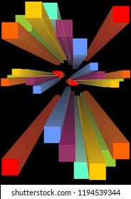 Group of multicolored 3d prism in perspektive, vanishing point. Colorful geometric body on black background. Abstract template for book, textbook, brochure, infographics,