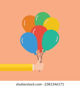 Group of multicolored balloons with helium in fist on orange background
