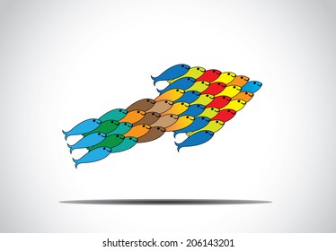 group of multicolored fishes moving up in an arrow shape concept art. colorful fish team working together as close knit unit and making progress in upward direction - teamwork leadership illustration