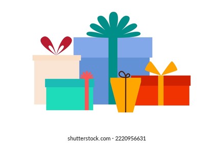 A group of multi-colored gift boxes with bows. Vector illustration in modern flat style isolated on white background