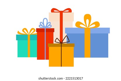A group of multi-colored gift boxes with bows. Vector illustration in modern flat style isolated on white background