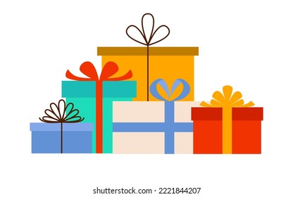 A group of multi-colored gift boxes with bows. Vector illustration in modern flat style isolated on white background