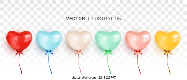 Grupo de globos de helio multicolores en forma de corazón sobre fondo transparente. Iconos del corazón con colores diferentes. Elementos de diseño de tarjetas de felicitación de San Valentín Day. Ilustración vectorial 3D realista