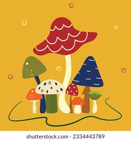 group multicolored mushrooms on yellow background
